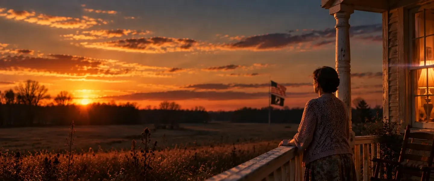 Illustration: a woman seen from behind on a farmhouse porch at sunset, looking out over an empty field toward a distant flagpole flying the American and POW/MIA flags.